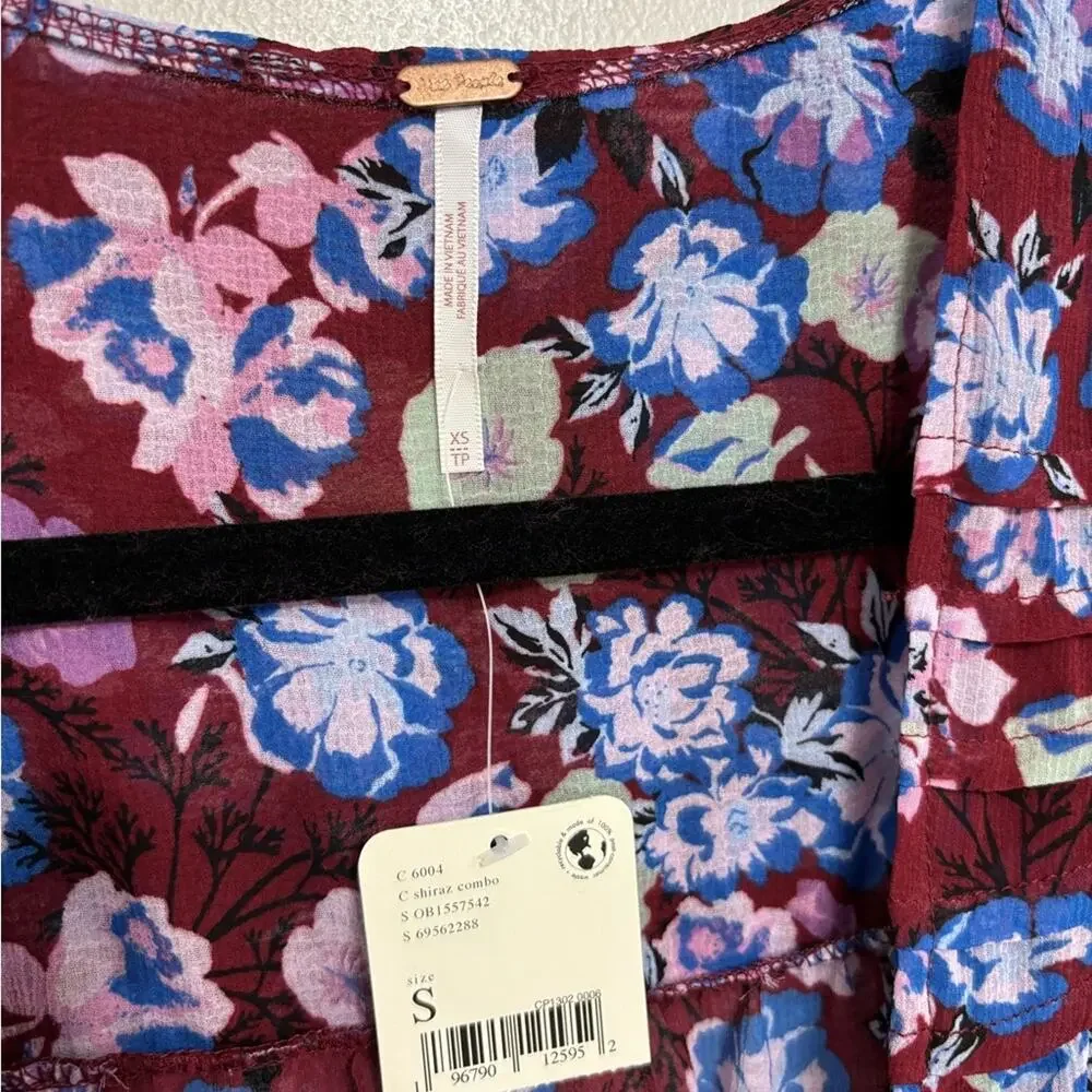 NEW Free People Maybel Blouse in Dark Red and Blue Shiraz Combo Floral - Size XS